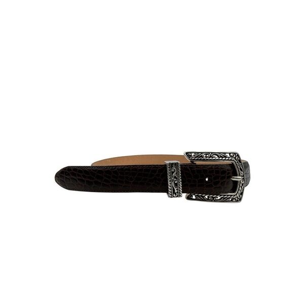 Brighton Brown Croc Embossed Leather Belt Silver Filigree Buckle M/L B4708 - Picture 1 of 9